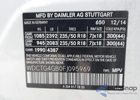 2015 Mercedes-Benz Gla 250 4Matic z USA, uszkodzony, nr VIN WDCTG4GB0FJ095969